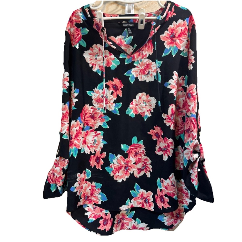 Ellen Tracy Floral Pink Rose Career Blouse Top Shirt Long Sleeve Tie Top Size L‎